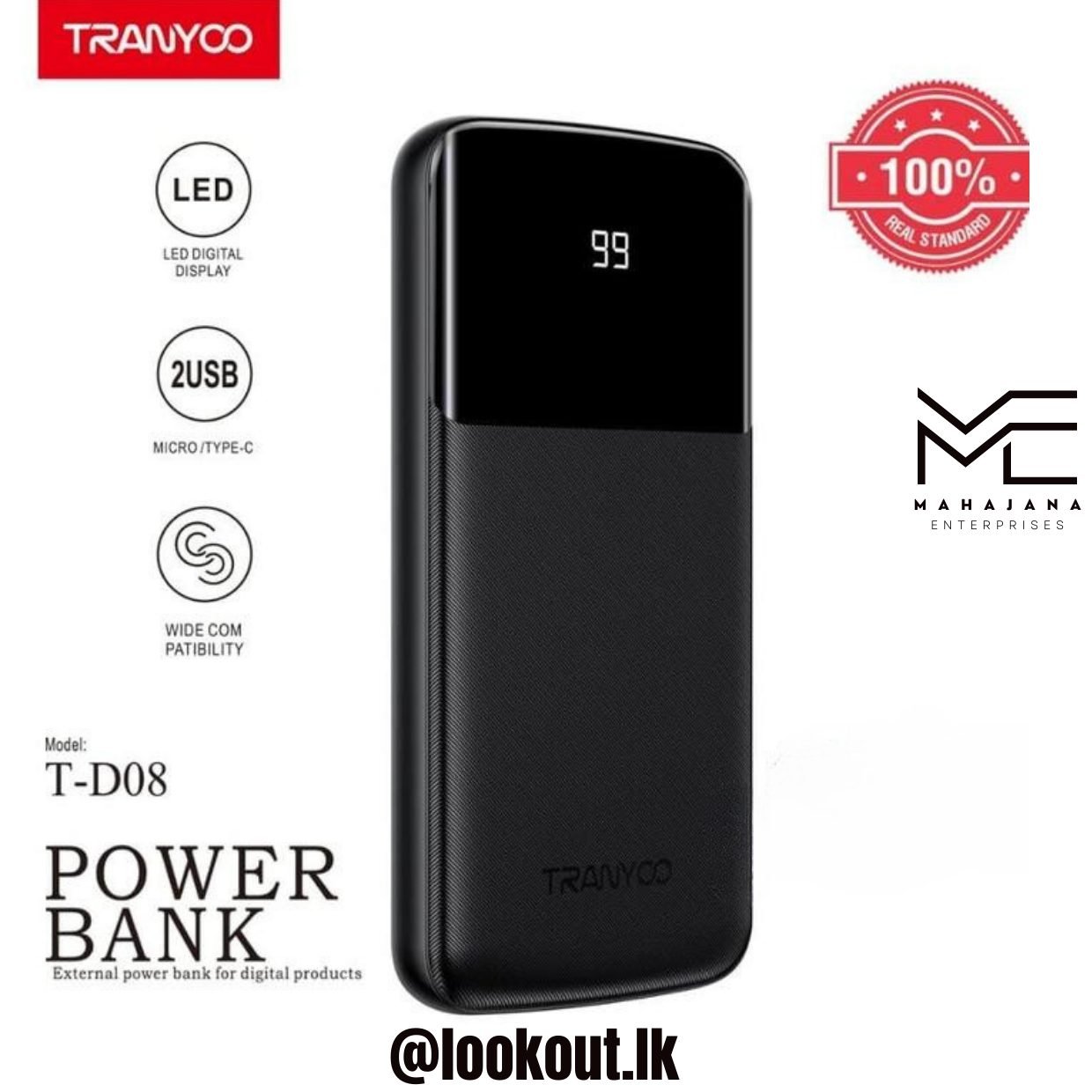 Tranyoo T-D08 10000mAh Digital Display Dual USB Portable Mobile Power Bank Charger